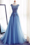 A-Line Tulle Sleeveless Appliques Long Prom Dresses,Cheap Evening Dresses, M38