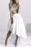 Two Pieces Lace White Short Prom Dress, High Low Evening Dress,Fashion Prom Gowns,M40
