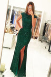Green Open Back Prom Dresses,Cap Sleeves Split-Front Gown with Sequins