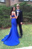 Royal Blue Mermaid Prom Dress  Open Back Sweep Train Prom Dress with Beading,SVD317