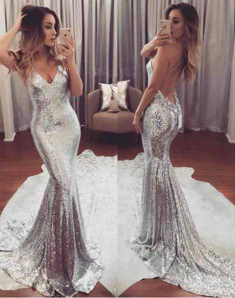 Mermaid Prom Dresses,Backless Prom Dress,Silver Sequined Prom Dresses,Evening Dress,M75