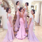 2017 Beading Cap Sleeve Open Back Sexy Mermaid Inexpensive Long Bridesmaid Dresses