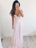V-neck Prom Dress,Long Chiffon Baby Pink Long Prom Dress,Sleeveless Evening Dress,SD362