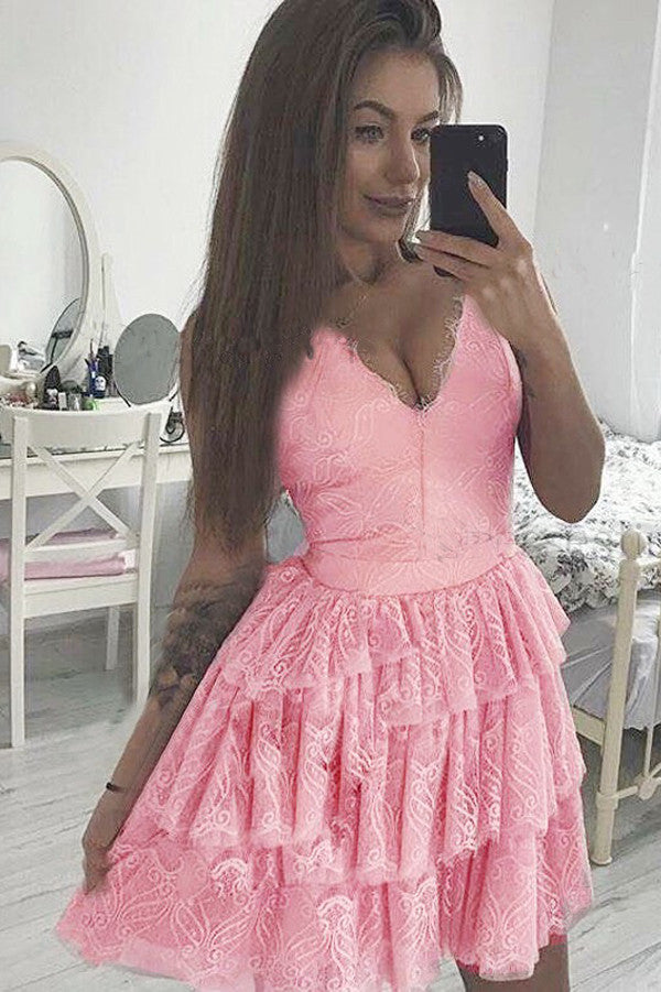 Pink Deep V Neck Spaghetti Short Prom Dress,A Line Layers Lace Homecoming Dress,Party Dress