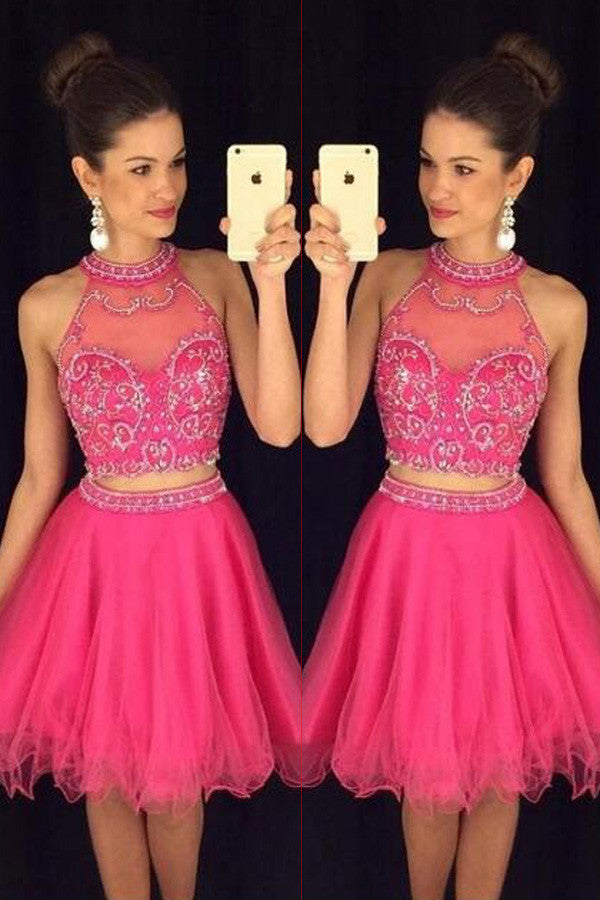 Hot Pink Halter Homecoming Dresses,Two Pieces Beaded Short Prom Dresses,M55
