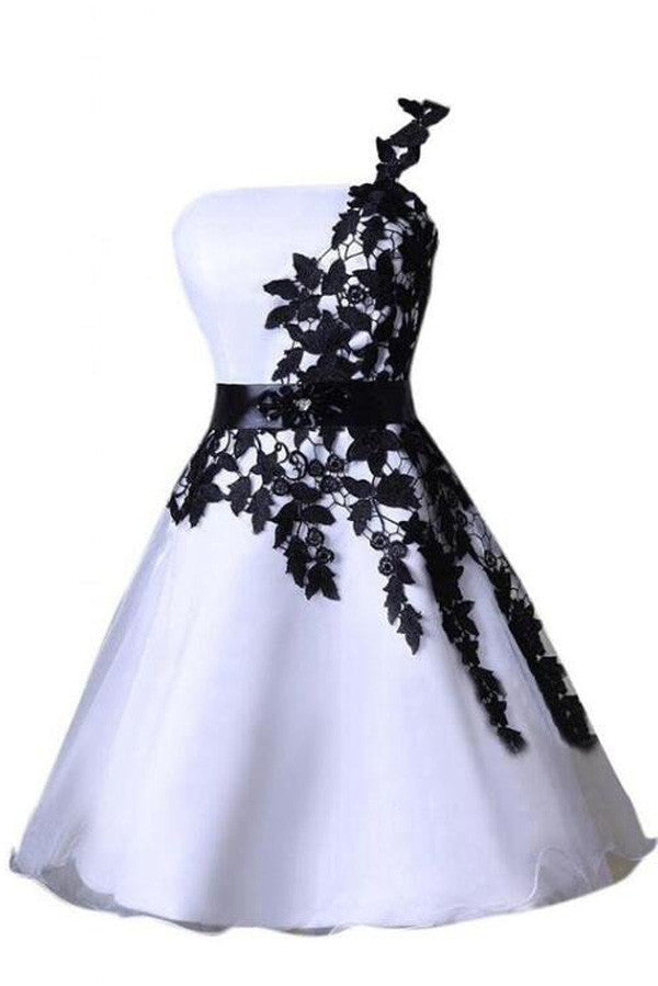 Black Lace One Shoulder Homecoming Dresses,Cute Short Prom Dresses,M56