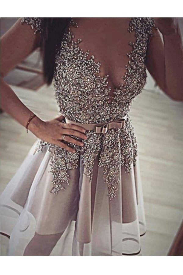 Silver Sexy Graduation Dresses,High Neck Tulle Lace Short Homecoming Dress