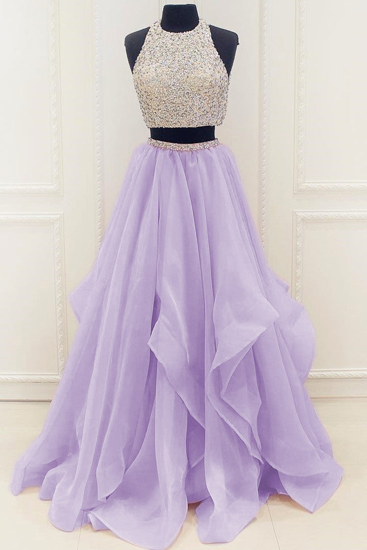 Modest Prom Dresses,Organza Ruffles Two Piece Prom Dress with Sequins Beading ,SIM607