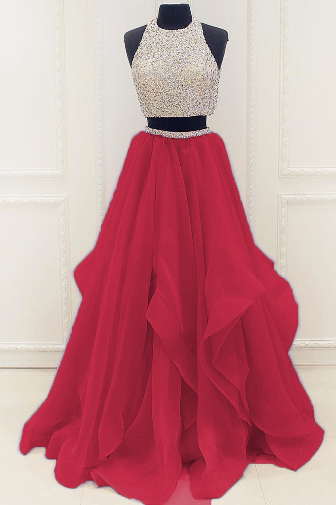Modest Prom Dresses,Organza Ruffles Two Piece Prom Dress with Sequins Beading ,SIM607