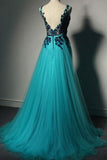 Blue Prom Dresses,Lace Prom Dresses,Black Evening Gowns,Tulle Formal Gown,SIM608