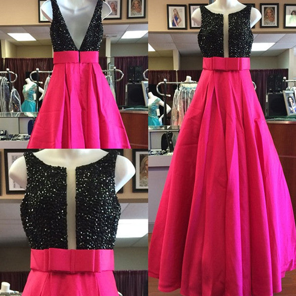 Black Sequins Beaded Prom Dresses,Bow Sashes Satin Long Prom Dresses,Evening Gowns,SIM625