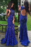 Mermaid Prom Dress with Beading,Royal Blue Sweep Train Prom Gowns,Lace Backless Prom Dresses,SIM629