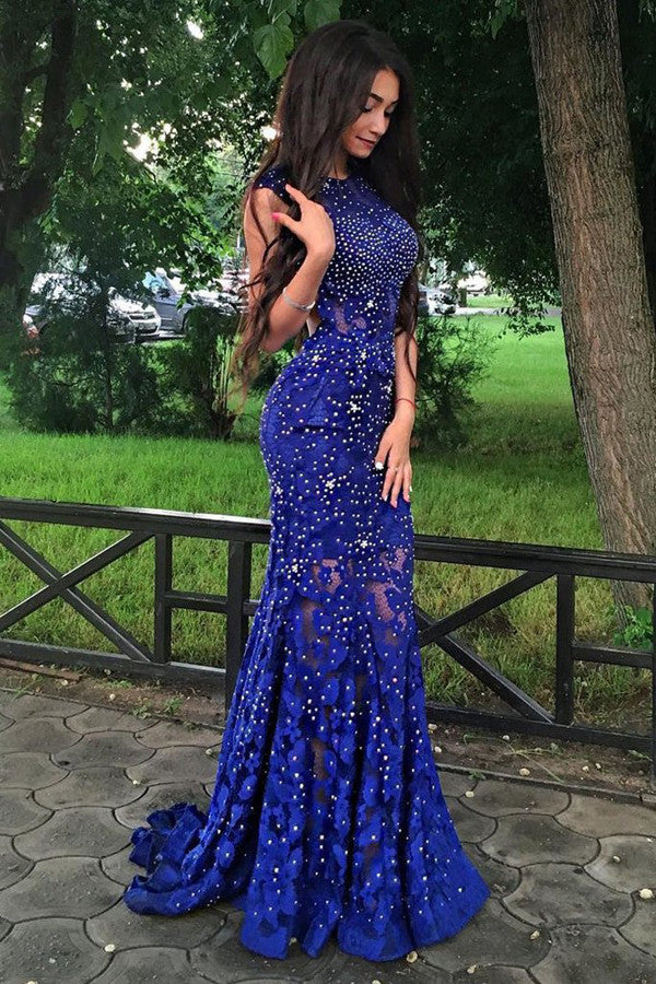 Mermaid Royal Blue Satin Prom Dresses Beadings Long Sleeves Floor