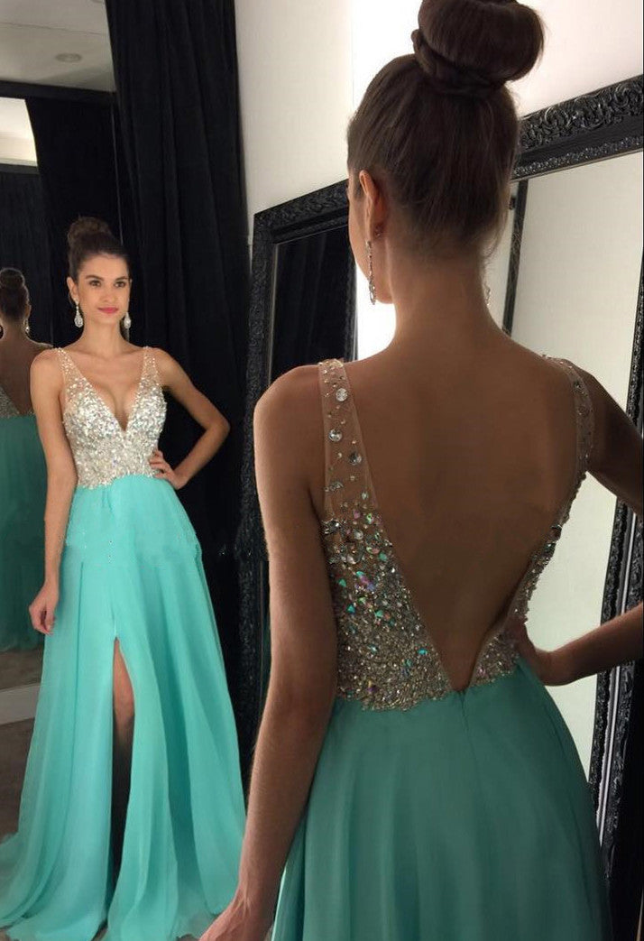 Sparkly Crystal Beaded V Neck Open Back Chiffon Prom Dresses With Left Slit, M7