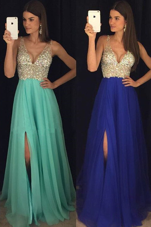 Beaded V Neck Prom Dresses,Open Back Chiffon Prom Gowns with Left Slit –  Simidress
