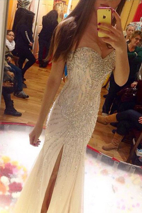 Long Prom Dresses,Beaded Prom Dresses, Side Slit Prom Dresses,Evening Dress, Charming Party Gowns, S50