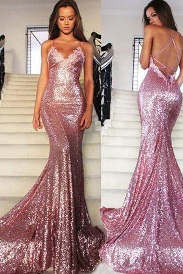 Sexy Prom Dresses,Rose Gold Prom Gowns,Sequins Prom Dress,Mermaid Open Back Prom Dress,SIM629