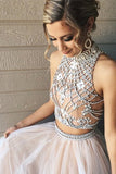 Fashion High Neck Prom Dresses,Two Piece Prom Gowns,A line Tulle Prom Dress with Beading,SIM630