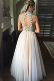 Fashion High Neck Prom Dresses,Two Piece Prom Gowns,A line Tulle Prom Dress with Beading,SIM630