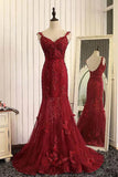 Red Lace Organza V-Neck Open Back Long Prom Dresses With Appliques,Mermaid Prom Dresses,M39