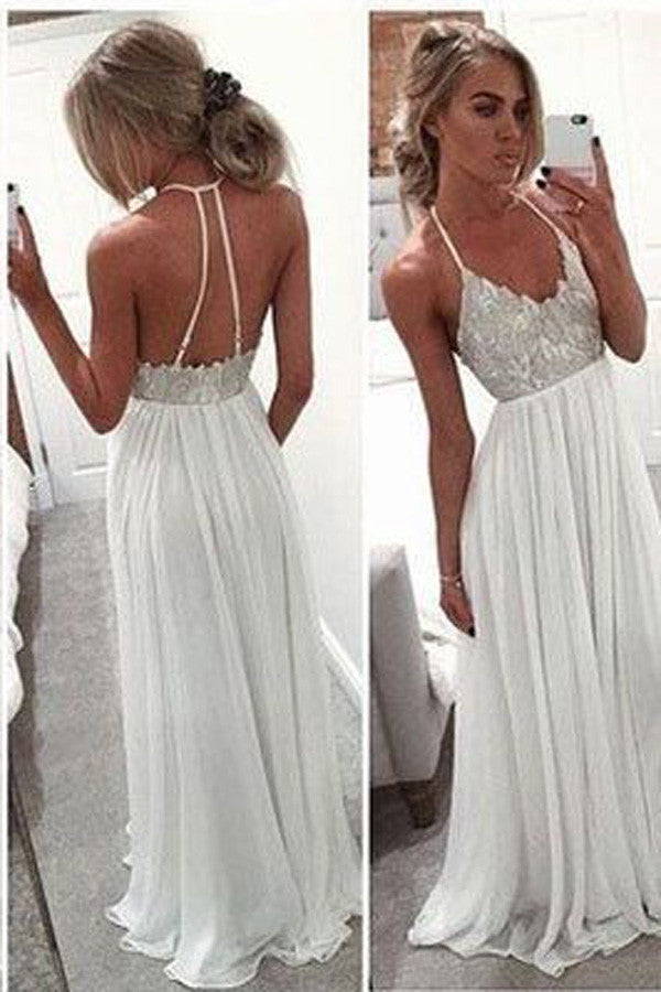 simidress White A-Line Long Chiffon Prom Dresses,Spaghetti Strap Open Back Prom Gowns, M46