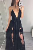 Tulle Sexy Black V-neck See-through Lace Prom Dresses with Applique,Summer Dresses, M49