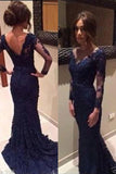 Long Sleeves Lace Navy Blue Prom Dresses,V-neck Open Back Evening Dresses,M68