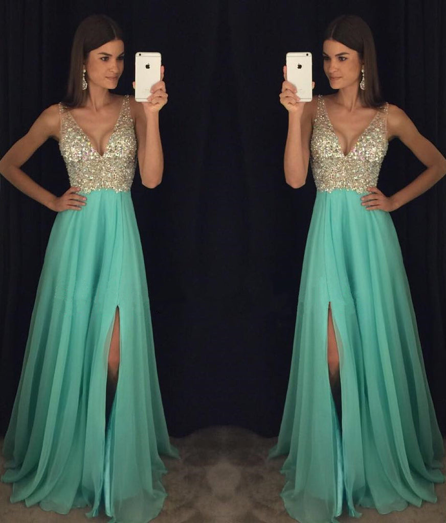Sparkly Crystal Beaded V Neck Open Back Chiffon Prom Dresses With Left Slit, M7