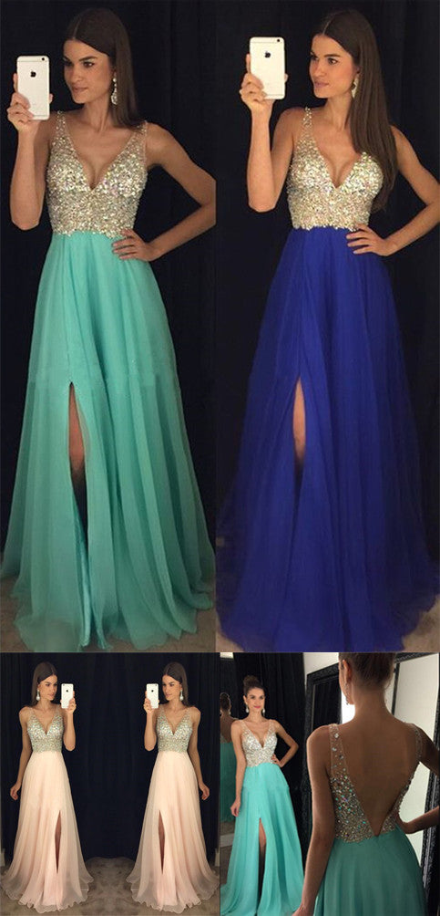 Sparkly Crystal Beaded V Neck Open Back Chiffon Prom Dresses With Left Slit, M7