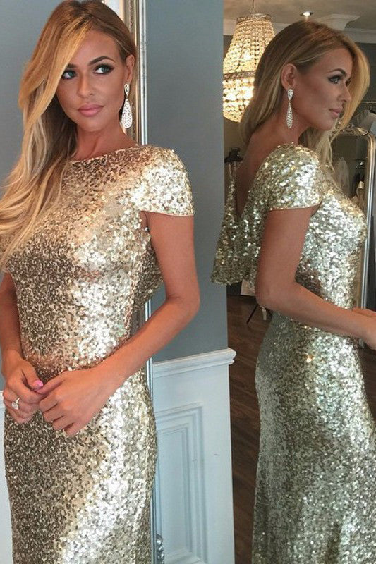 Cap Sleeves Long Prom Dress with Train,Luxurious Gold Sequins,Long Prom Dresses, M8