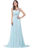 Light Sky Blue Backless Prom Gowns, Chiffon Long Prom Dresses with Beading