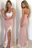 Pink Fitted Prom Dress,Sweetheart Slit Formal Gown With Lace Appliques,SIM443