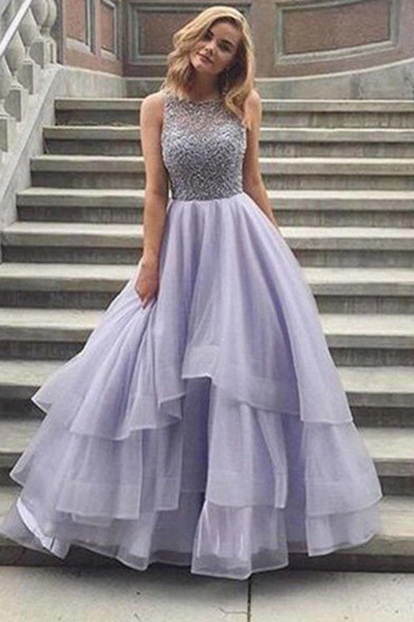 Tulle Lace Lavender Round Neck A-Line Long Prom Dresses,Party Dresses