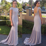 Open Back Cap Sleeves Prom Dress with Sweep Train,Mermaid Evening Dresses,SIM626
