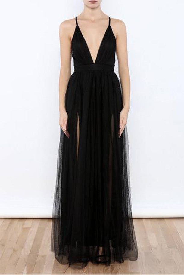 Sexy Black Tulle V Neck Side Slit Prom Dresses, Evening Gowns,Party Dresses
