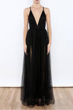 Sexy Black Tulle V Neck Side Slit Prom Dresses, Evening Gowns,Party Dresses,M56