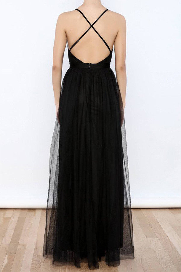 Sexy Black Tulle V Neck Side Slit Prom Dresses, Evening Gowns,Party Dresses,M56