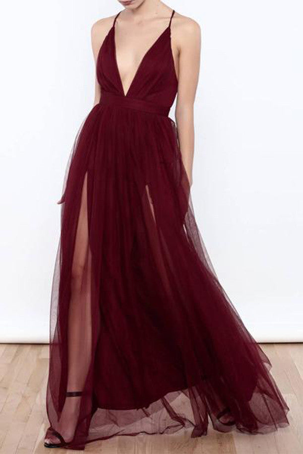 Sexy Burgundy Tulle Deep V Neck  High Slit Prom Dresses,Evening Dresses