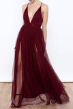 Sexy Burgundy Tulle Deep V Neck  High Slit Prom Dresses,Evening Dresses,M58