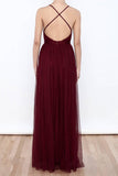 Sexy Burgundy Tulle Deep V Neck  High Slit Prom Dresses,Evening Dresses,M58