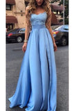 Long Prom Dresses,Fashion Ice Blue Sexy Slit Lace Prom Dresses,Prom Gowns for Girls