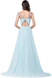 Light Sky Blue Backless Prom Gowns, Chiffon Long Prom Dresses with Beading, M52