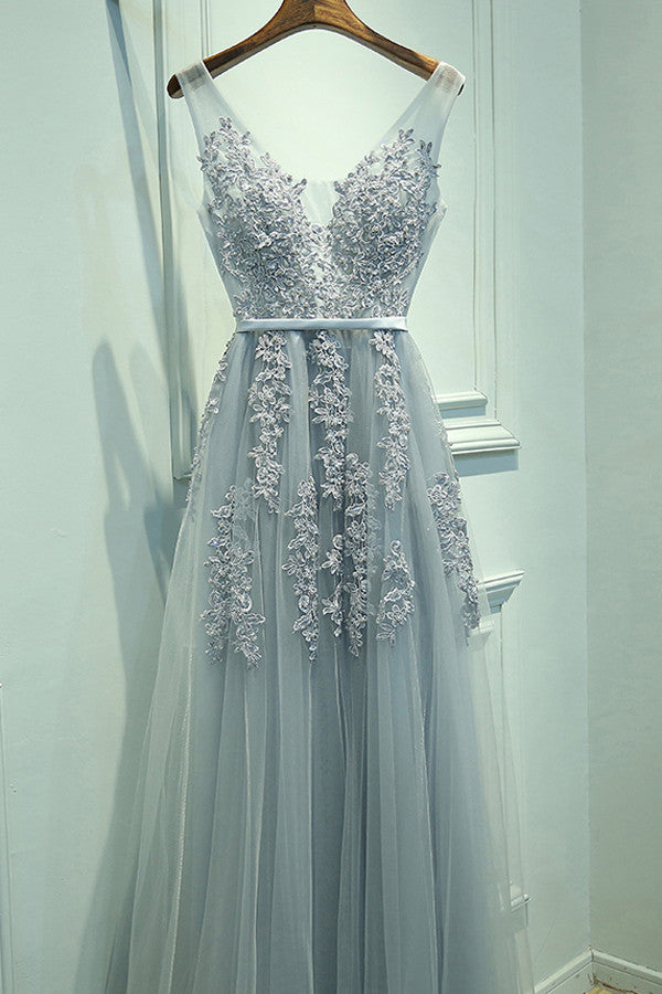 V-Neck A-Line Tulle Sleeveless Prom Dresses,Gray Prom Dresses with Lace