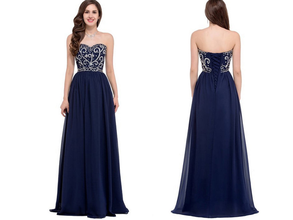 Navy Blue A line Sweetheart Long Evening Dresses,Chiffon Floor Length Long Prom Gowns,M23