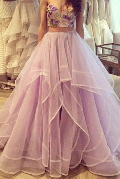 Light Lavender Prom Dresses Long Two Piece Prom Gowns With Embroidery Simidress