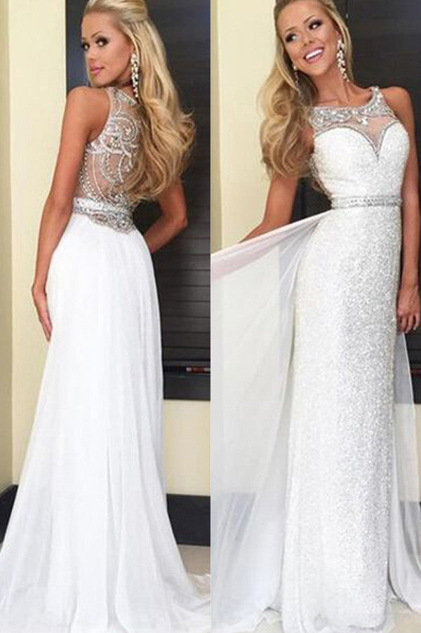 simidress White Chiffon Sequins Prom Dresses Long,Back Crystal Beaded Long Prom Gowns,M25