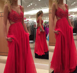 Red Lace Spaghetti Strap Chiffon Backless Prom Dresses,Red Lace Formal Gowns, M26