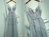 V-Neck A-Line Tulle Sleeveless Prom Dresses,Gray Prom Dresses with Lace