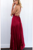 Formal Open Back Prom Dresses,Red V Neck Prom Gowns,Sexy Slit Prom Dress,SIMI615