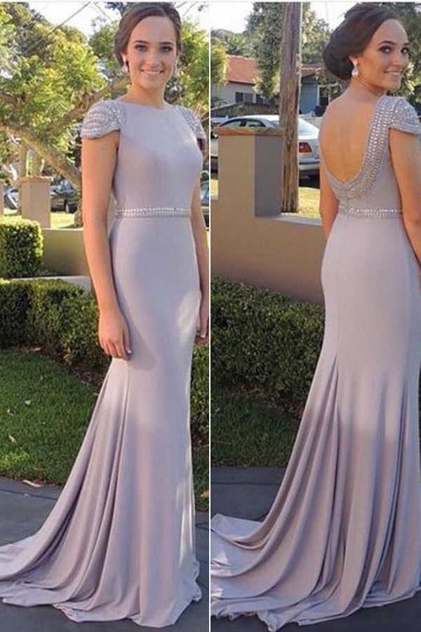 Open Back Cap Sleeves Prom Dress with Sweep Train,Mermaid Evening Dresses,SIM626